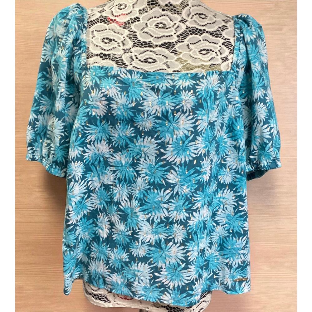 Michael Kors square neck short sleeve Teal Gold Floral Top XL